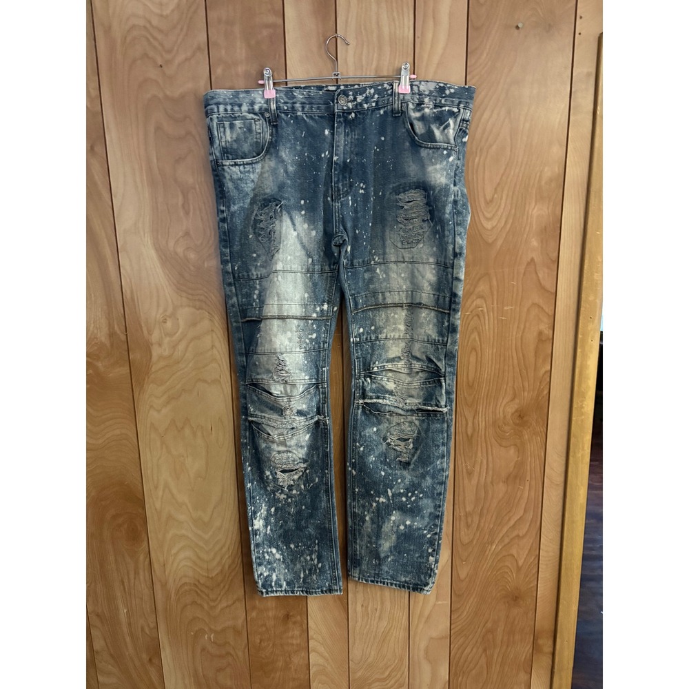 Lion Dynasty Mens Distressed Moto Jeans Blue Bleach Splatter Ripped Denim 40